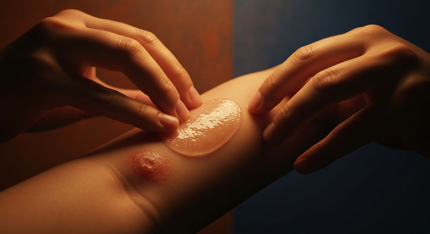 Cinematic hyperrealistic digital art: A close-up of a persons hands gently applying a translucent, shimmering gel to a secti