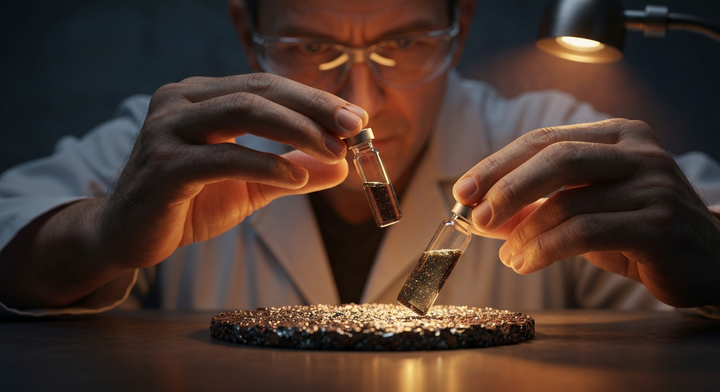 Cinematic hyperrealistic digital art: A focused scientist, weathered hands gently holding a small, glowing vial containing a