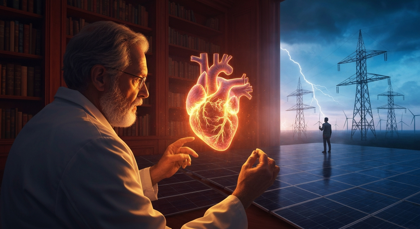 Cinematic hyperrealistic art: A senior cardiologist, focused and contemplative, observes a holographic projection of a human