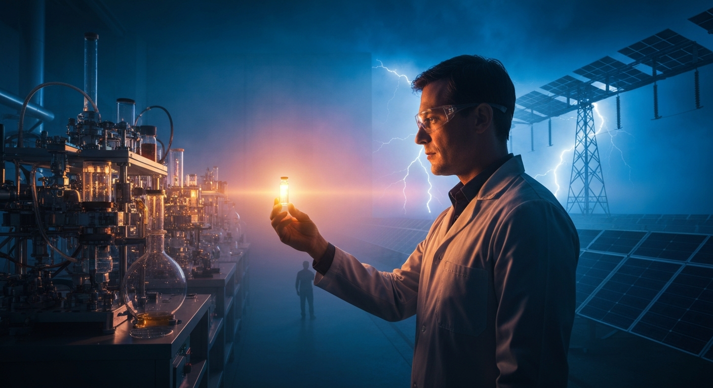 Cinematic hyperrealistic art: A thoughtful engineer or scientist stands in a dimly lit, atmospheric laboratory, holding a sma