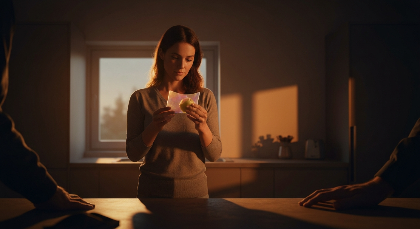 Cinematic hyperrealistic art: A woman thoughtfully examines a transparent, subtly color-changing wrapper on a piece of fruit.