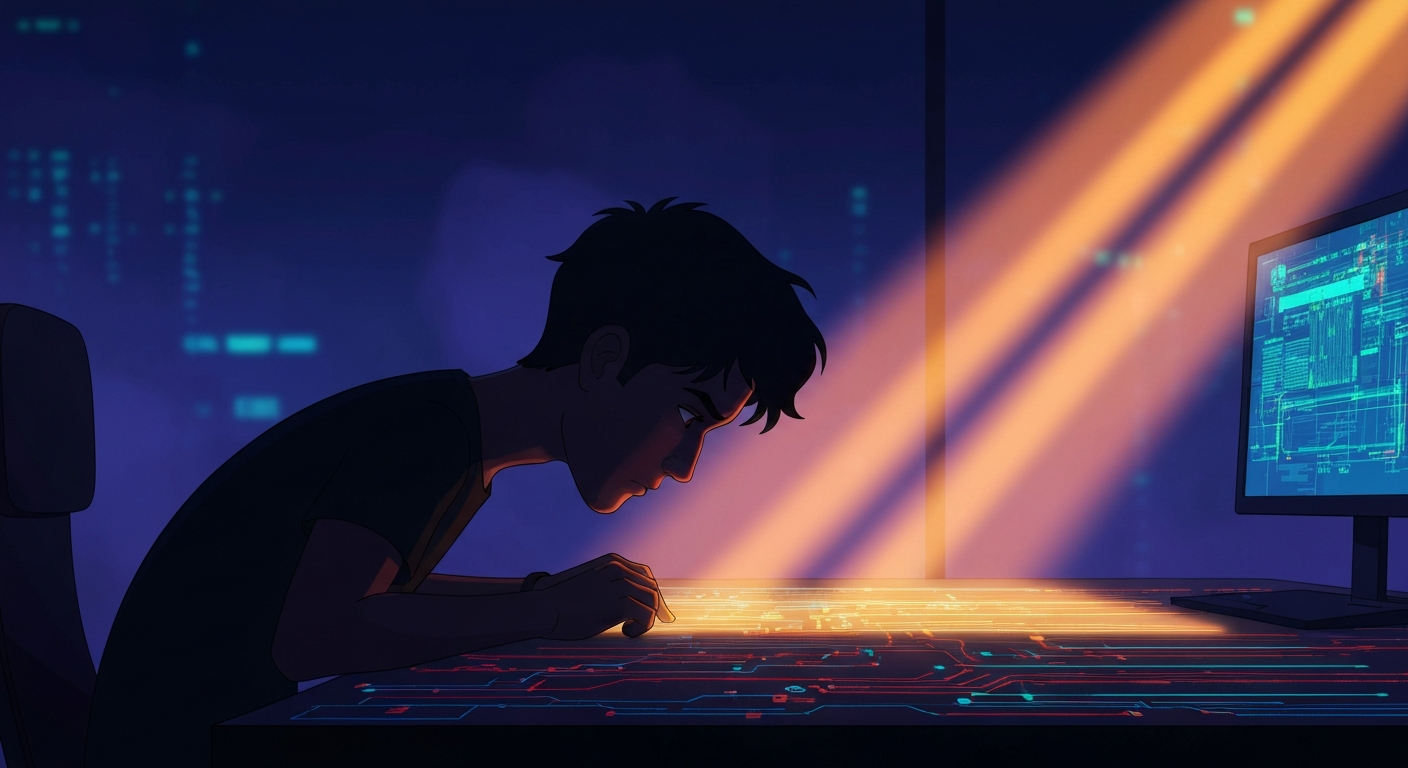 Cinematic hyperrealistic digital art: A lone figure, silhouetted against a softly glowing digital data stream of warm amber a