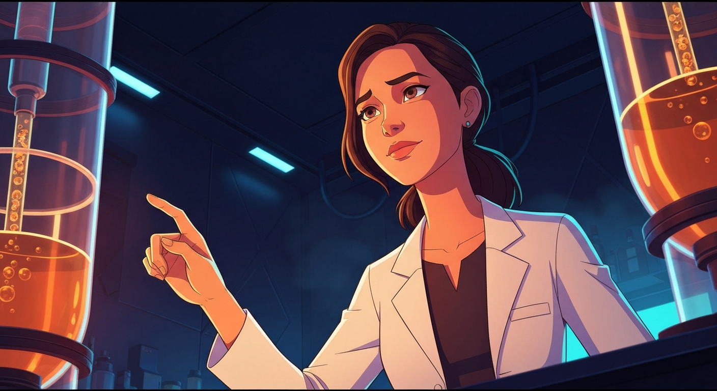 Cinematic hyperrealistic art: A thoughtful female synthetic biologist in her late 30s, viewed slightly from below, with one h