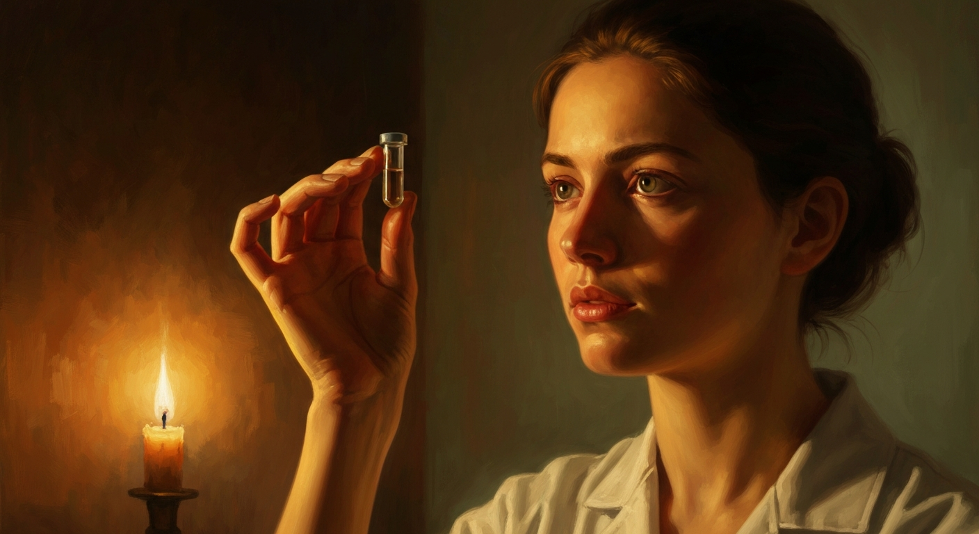 Cinematic hyperrealistic art: a young woman with a thoughtful expression holding a small, clear sample vial, her face illumin