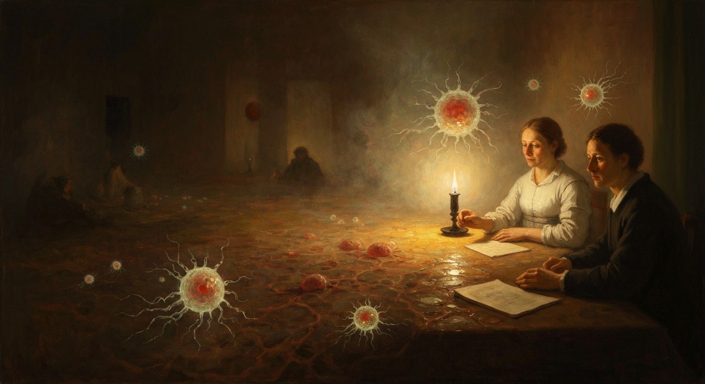 Cinematic hyperrealistic art: A lone, weary figure, perhaps a scientist or an allegorical representation of an immune cell, s