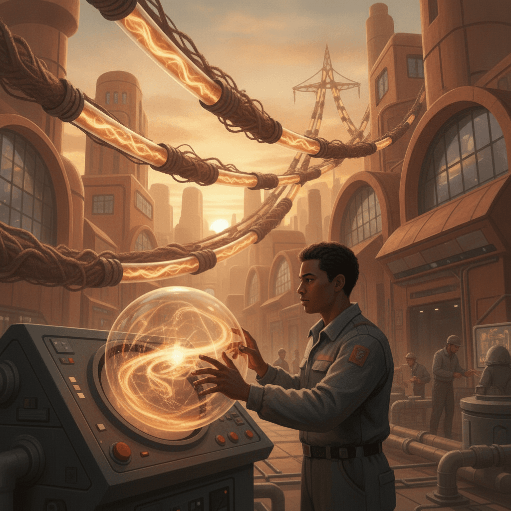Cinematic hyperrealistic art: a scientist, focused and intense, holding a glowing, intricate crystal material in their gloved
