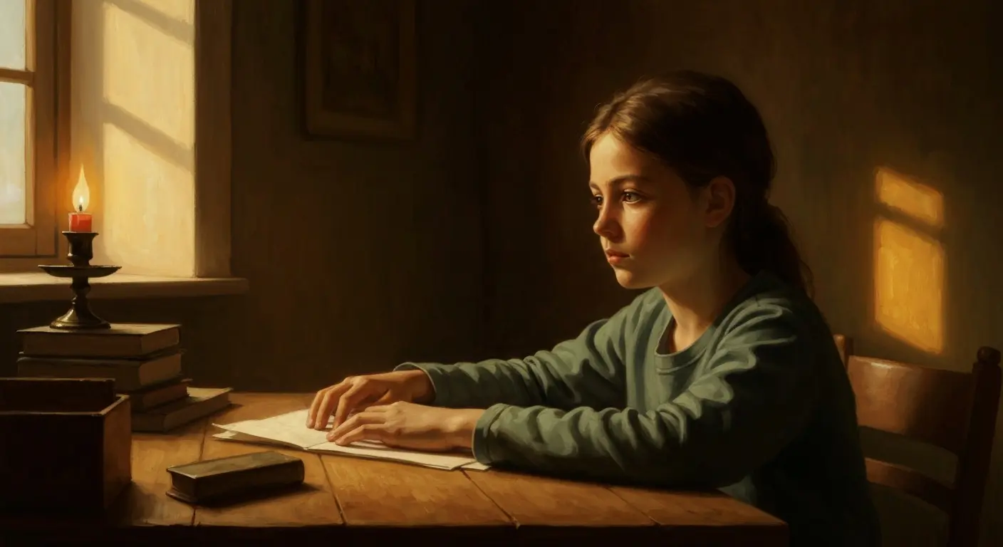 Cinematic hyperrealistic art: A teenage child, perhaps 14 years old, sits quietly at a wooden desk in a softly lit room, hand
