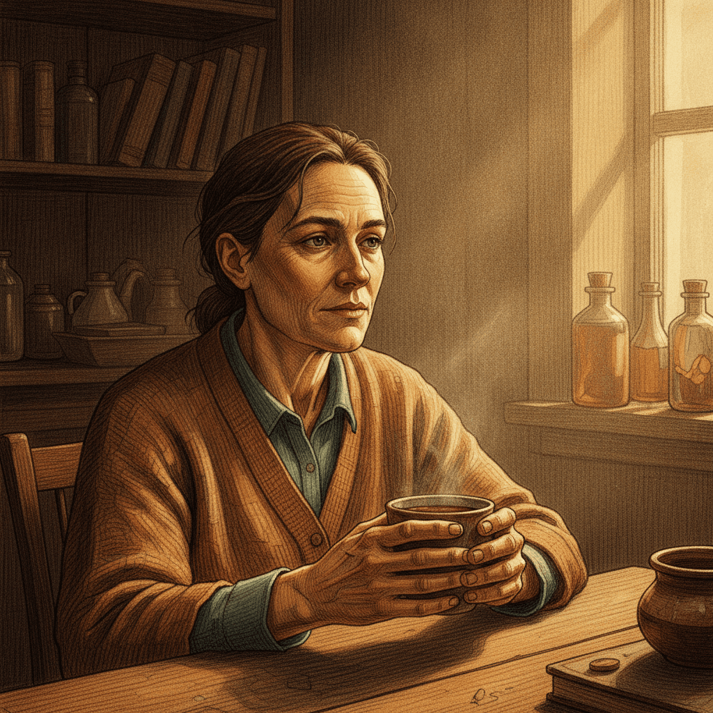 Cinematic hyperrealistic digital art: A contemplative person sits quietly in a dimly lit, cozy room. Warm Rembrandt-style amb