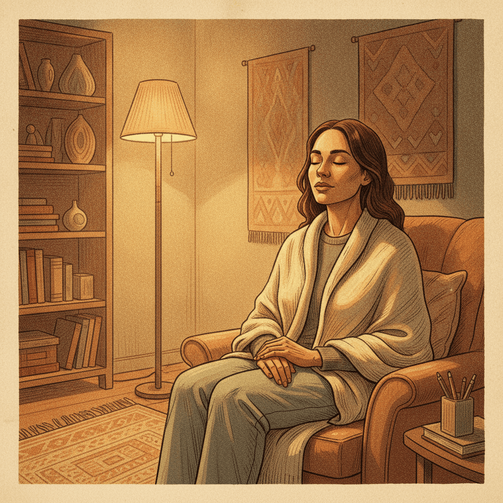 Cinematic hyperrealistic art: a contemplative person, eyes closed, sitting in a dimly lit, warmly textured therapy room. Ambe