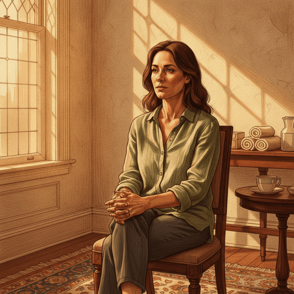 Cinematic hyperrealistic art: A person in their late 30s, contemplative, sitting in a warmly lit, intimate room, perhaps a th