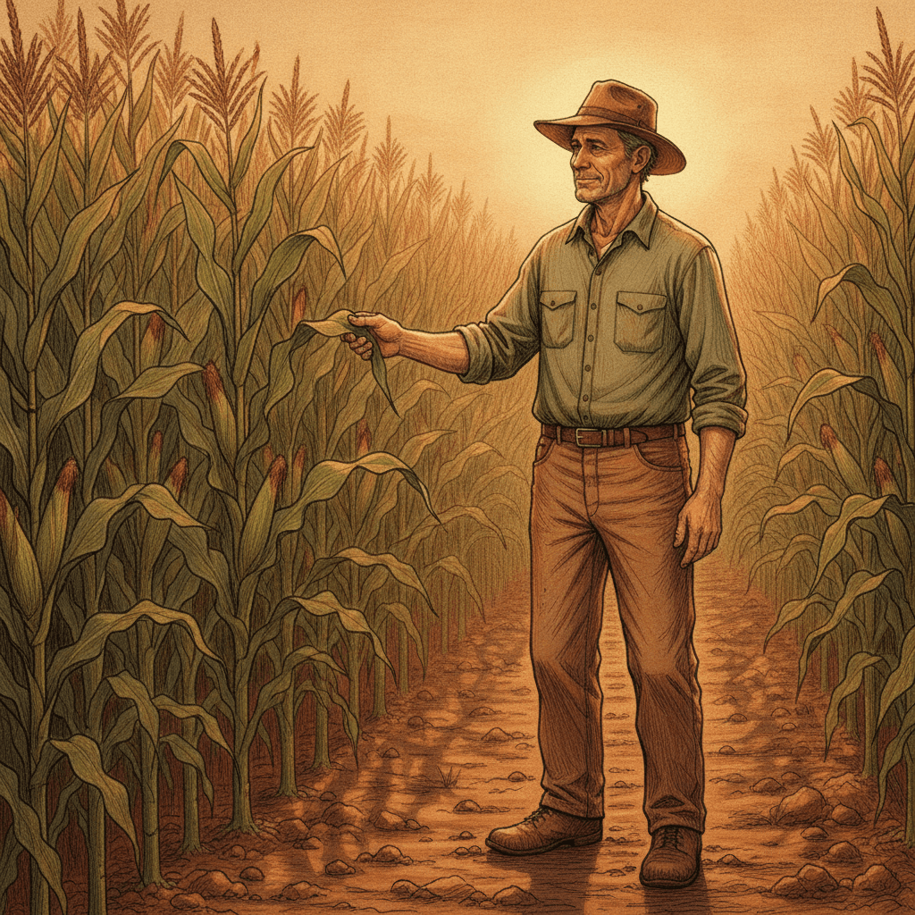 Cinematic hyperrealistic art: A weathered farmer stands contemplatively in a vast, golden-lit cornfield at dusk, looking out
