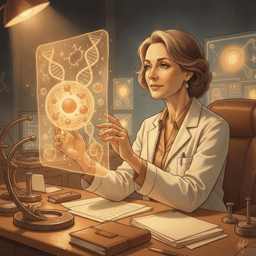 Cinematic hyperrealistic art: A thoughtful, mid-aged doctor with kind eyes gazes at a glowing holographic projection of a hum