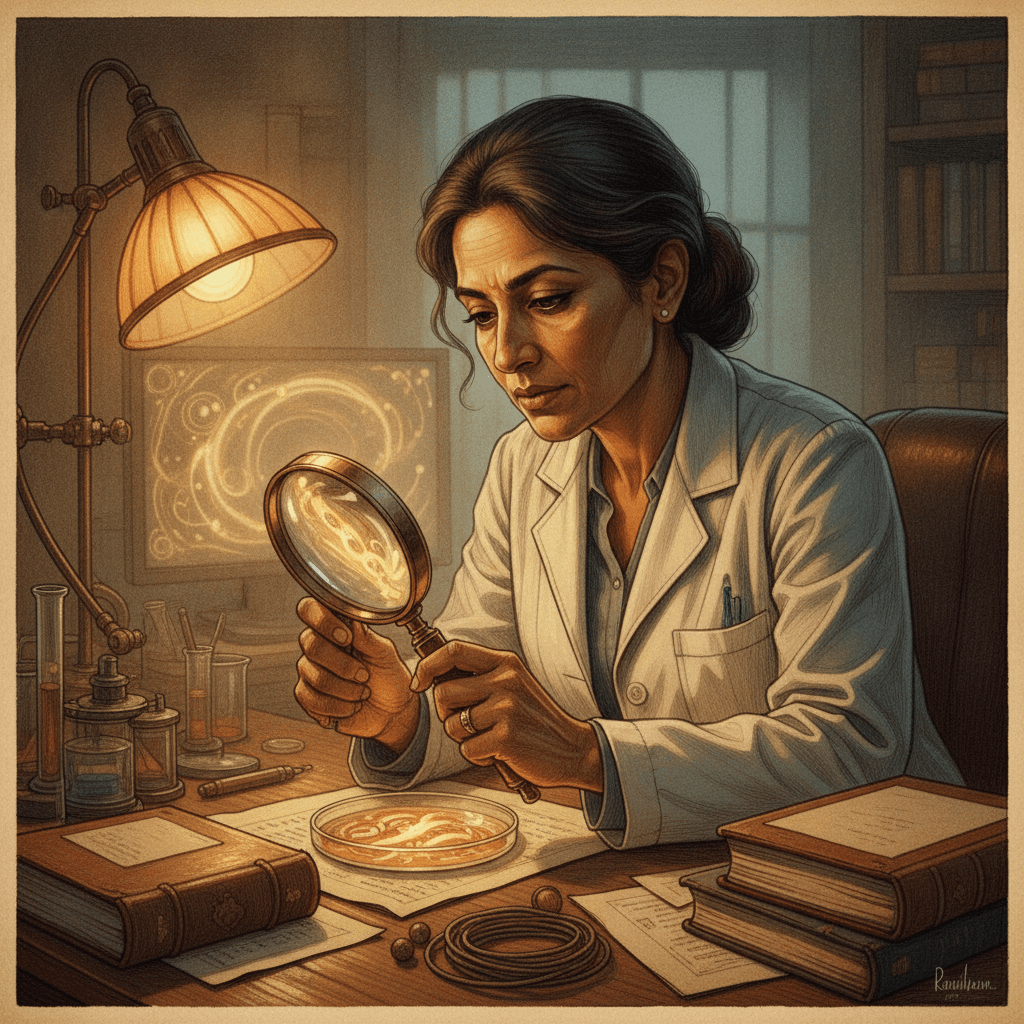 Cinematic hyperrealistic art: A thoughtful doctor with a magnifying glass, intensely examining a petri dish glowing with a su