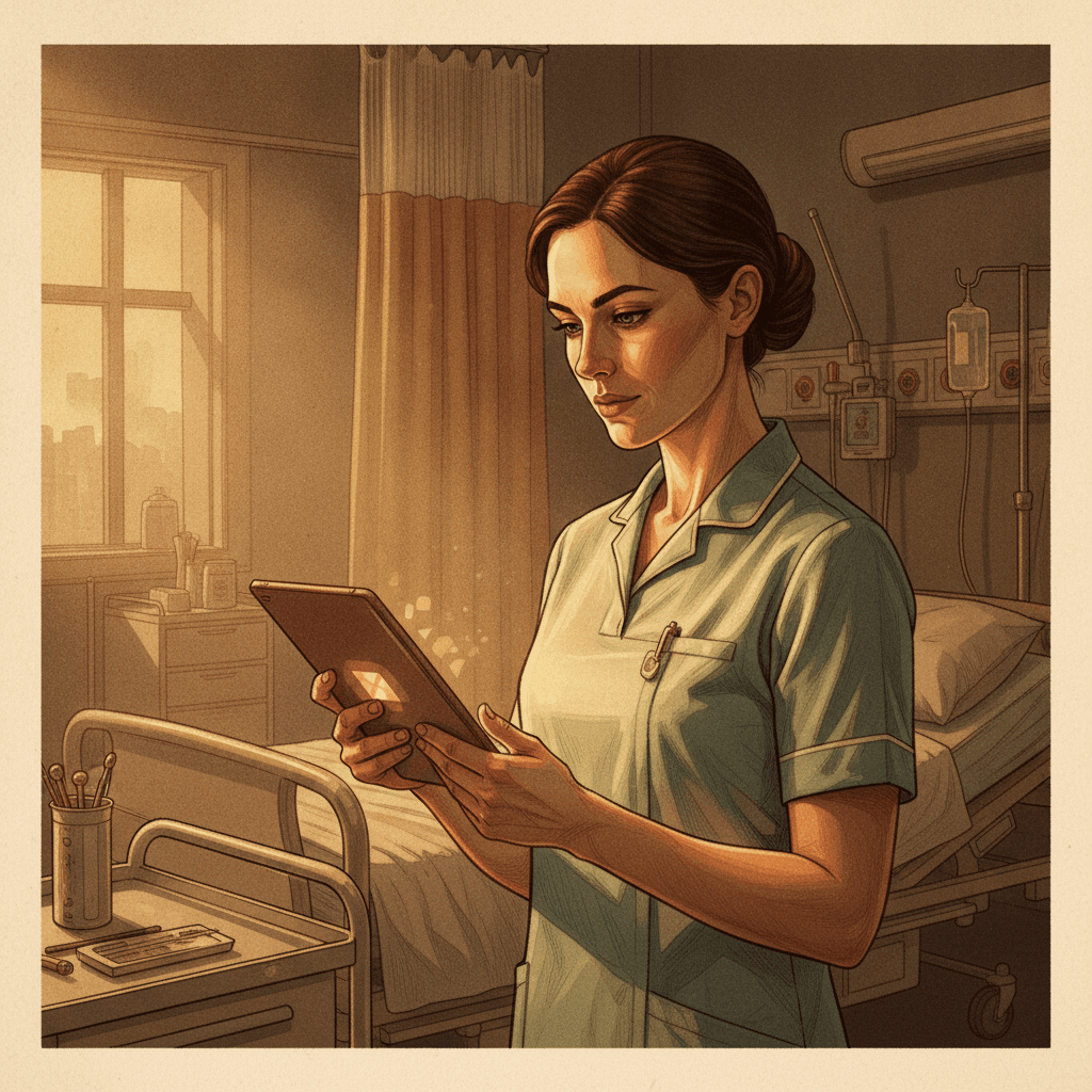 Cinematic hyperrealistic art: A nurse in a dimly lit, richly textured hospital ward, her face illuminated by a warm amber lig