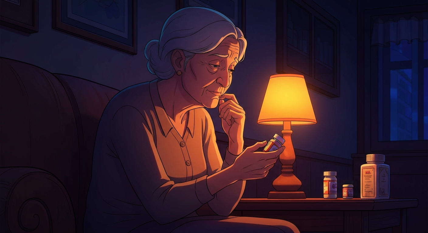Cinematic hyperrealistic art: An elderly woman, her face softly illuminated by a warm amber lamp, sits thoughtfully in a diml