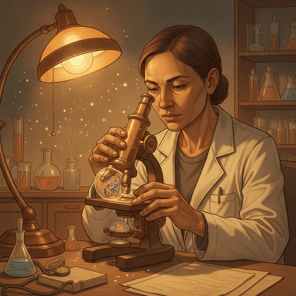 Cinematic hyperrealistic digital art of a scientist in a dimly lit, high-tech lab, intensely focused on a glowing, intricate