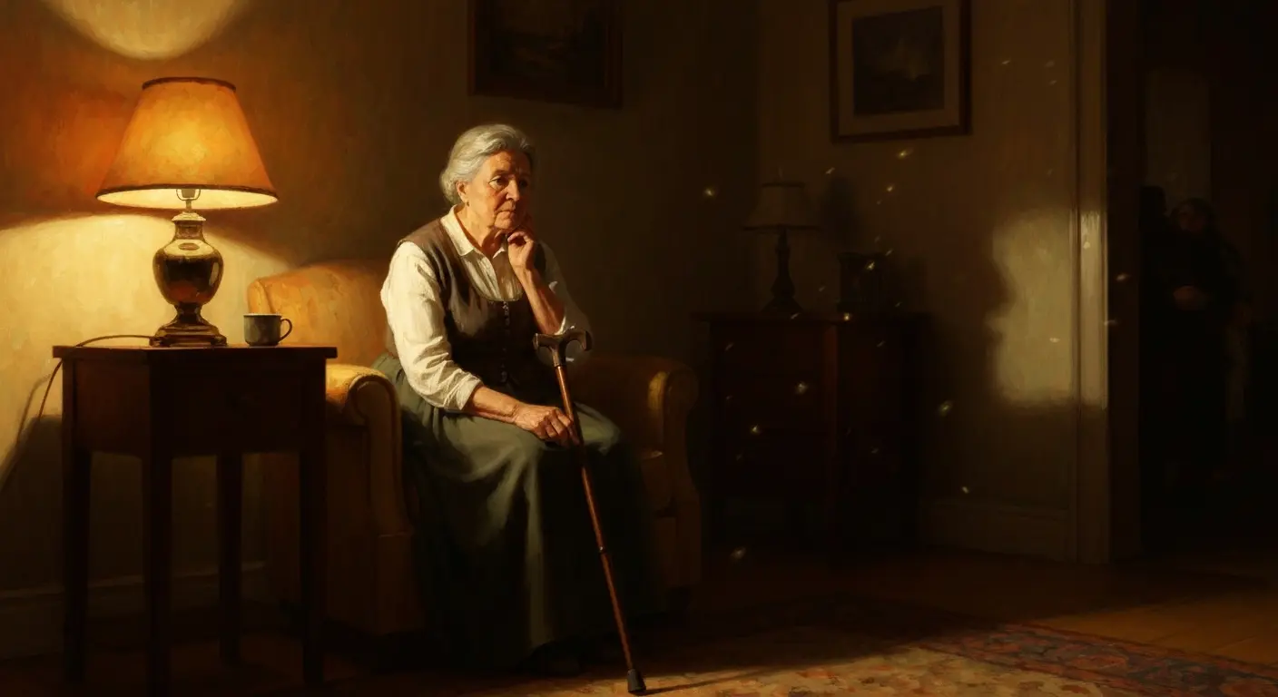 Cinematic hyperrealistic art: An older woman in a warm, dimly lit living room, gently holding a cane. She looks thoughtful, p