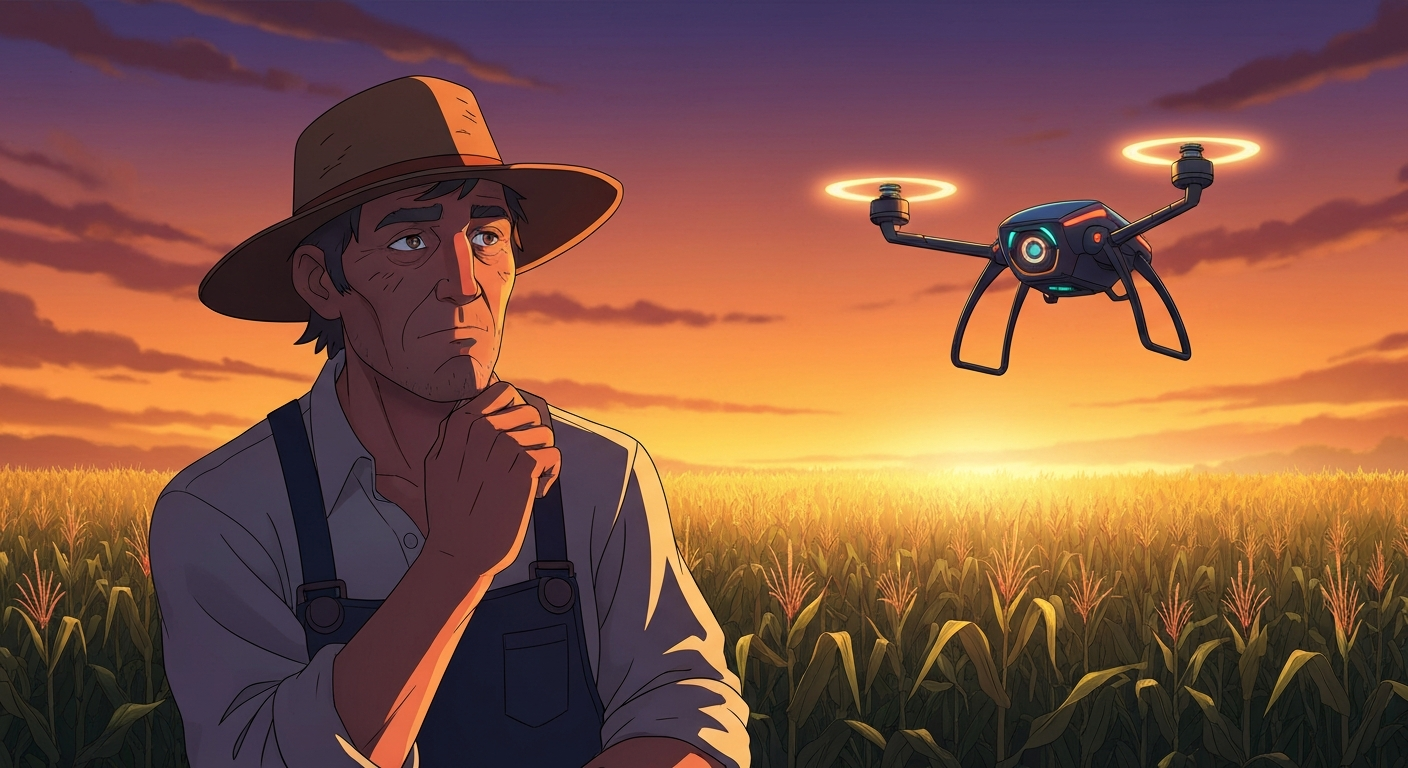 Cinematic hyperrealistic art: A farmer, weathered and thoughtful, stands in a vast cornfield at golden hour, a sleek, intelli