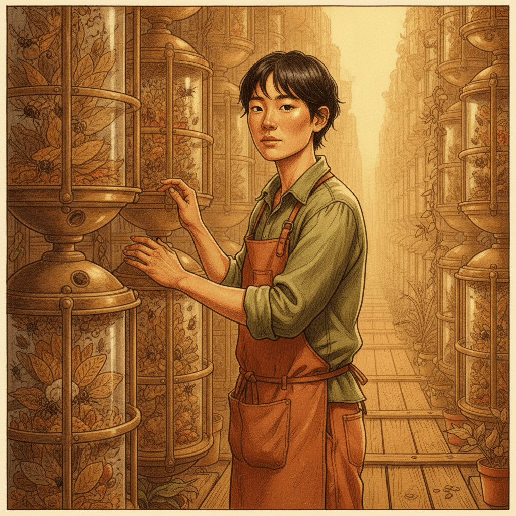 Cinematic hyperrealistic digital art: A young farmer standing in a warmly lit, vertical insect farm, dramatic amber light cas