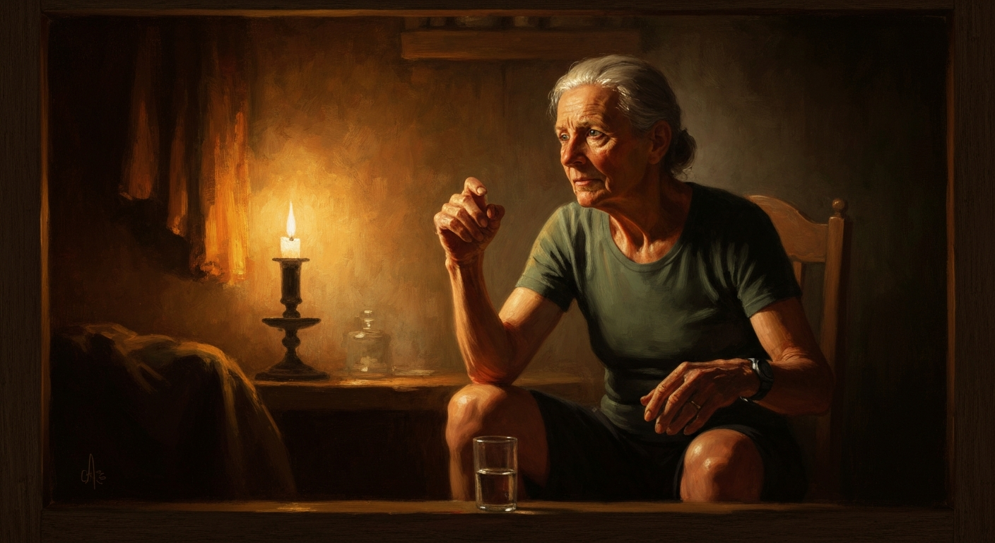 Cinematic hyperrealistic art: An older, fit person, perhaps a marathon runner or active senior, in contemplative thought, sea