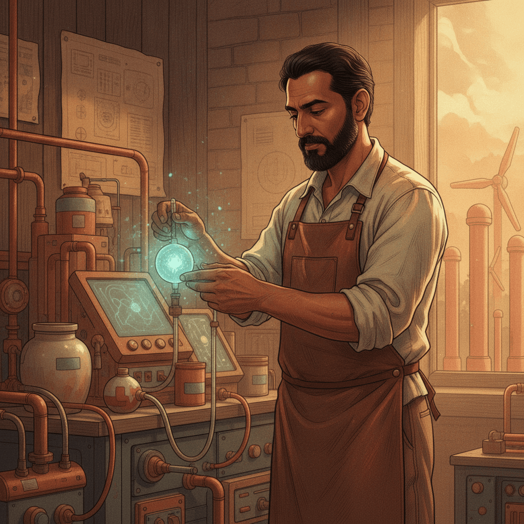 Cinematic hyperrealistic art: A scientist in a dimly lit, richly textured laboratory, meticulously observing a small, glowing