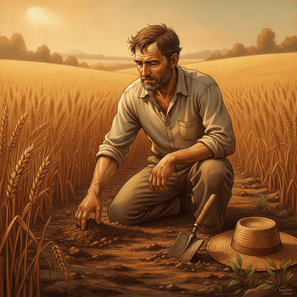 Cinematic hyperrealistic digital art of a farmer kneeling in a field of wheat, gently touching the soil. The farmers face is