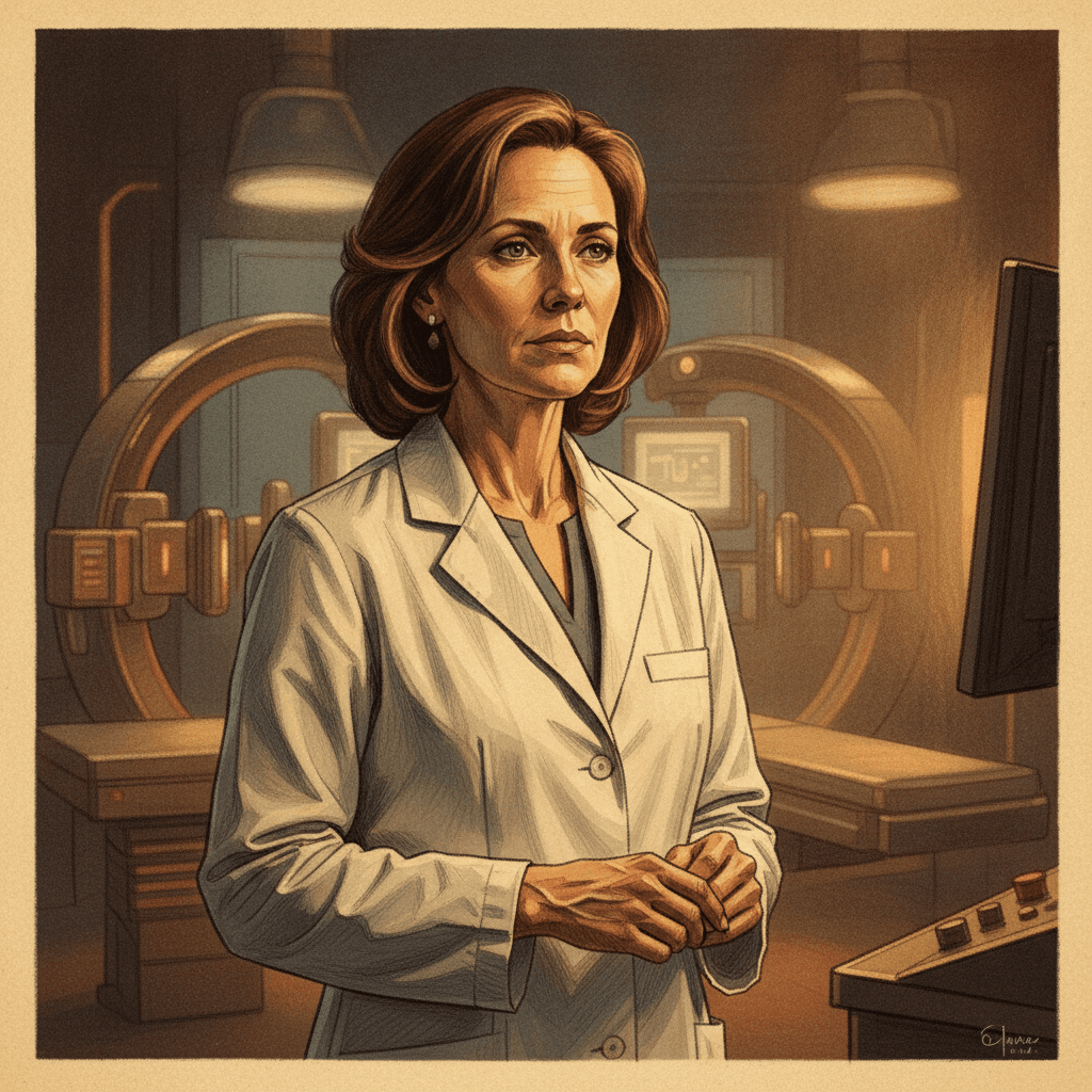 Cinematic hyperrealistic art: A radiation oncologist, late 40s, with a thoughtful expression, standing in a dimly lit control