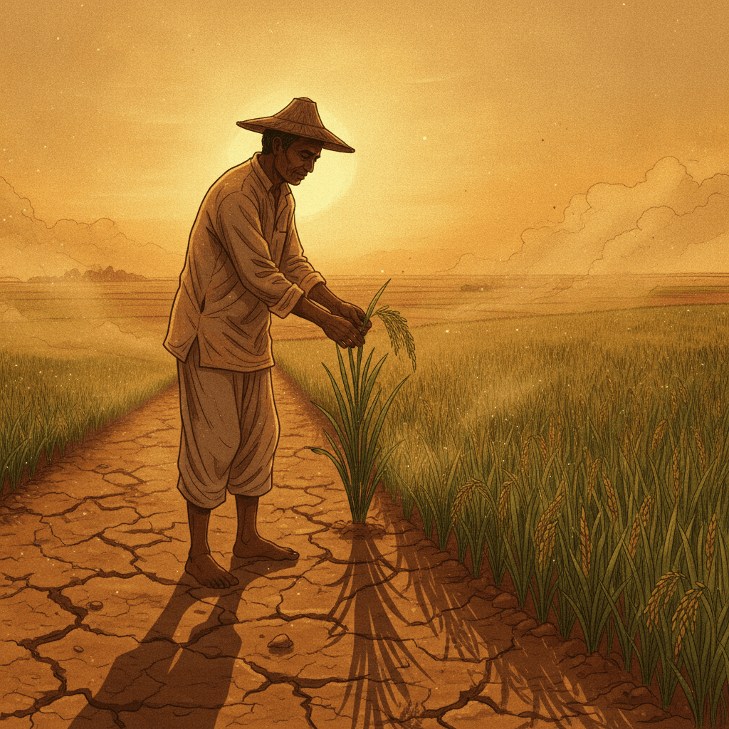 Cinematic hyperrealistic art: A seasoned farmer stands silhouetted against a dramatic golden-hour sky, gently touching a stal