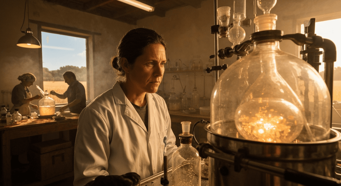 Cinematic hyperrealistic art: A scientist, with deep lines of contemplation on their face, gazes intently into a softly glowi