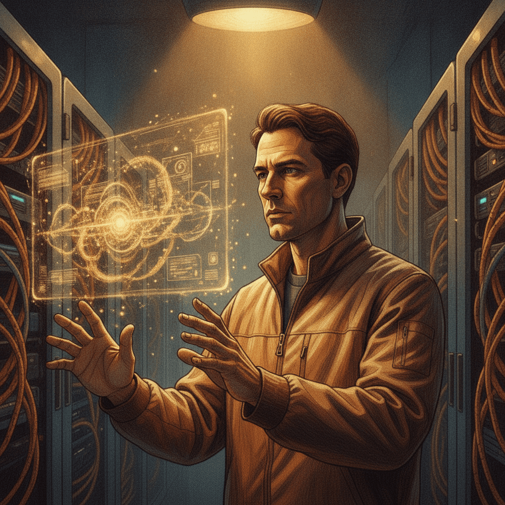 Cinematic hyperrealistic art: A lone cybersecurity expert, mid-30s, looking intensely at a holographic projection of light pa
