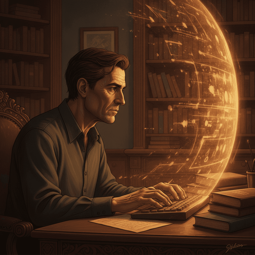 Cinematic hyperrealistic art: A thoughtful person, silhouetted against a warm amber glow emanating from a complex holographic
