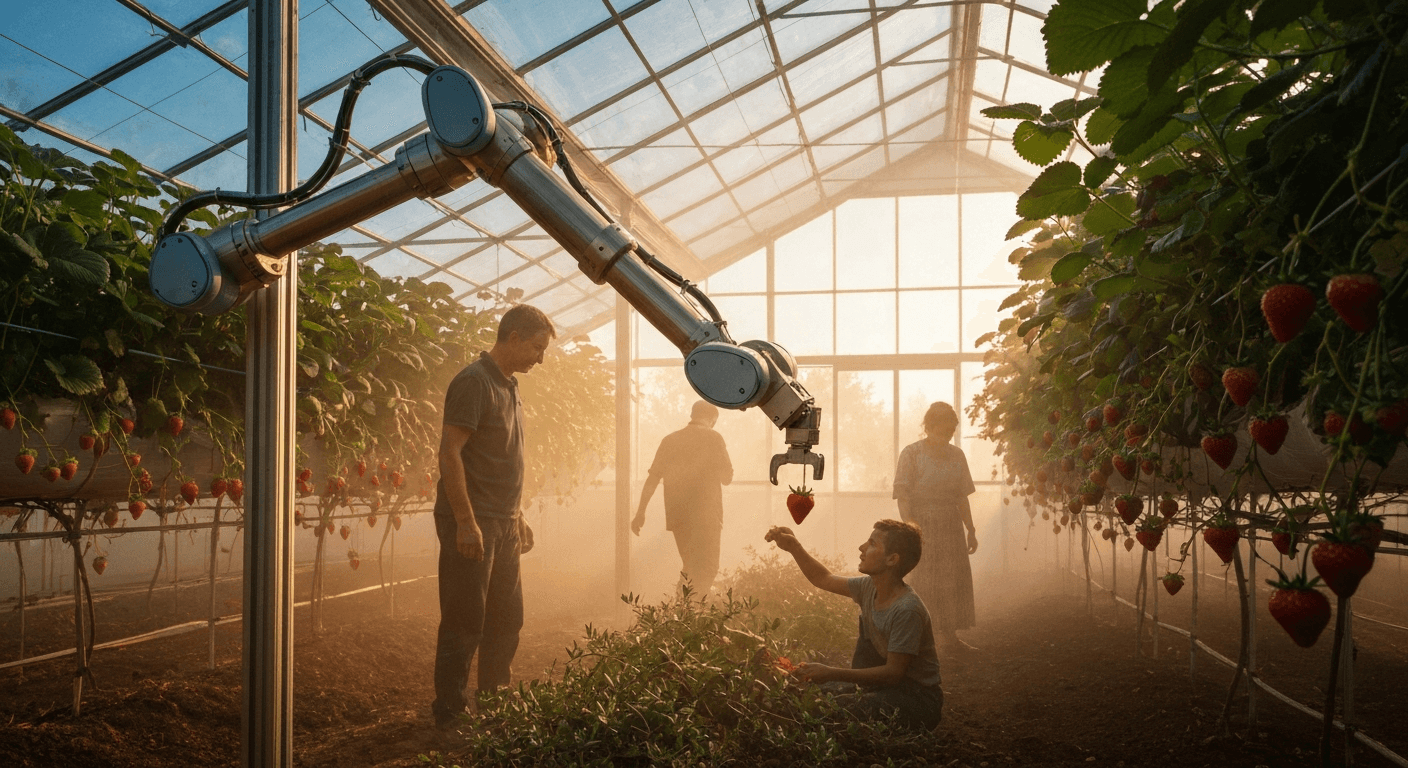 Cinematic hyperrealistic art: a robotic arm, its metal components gleaming with warm reflections, gently reaching for a ripe,