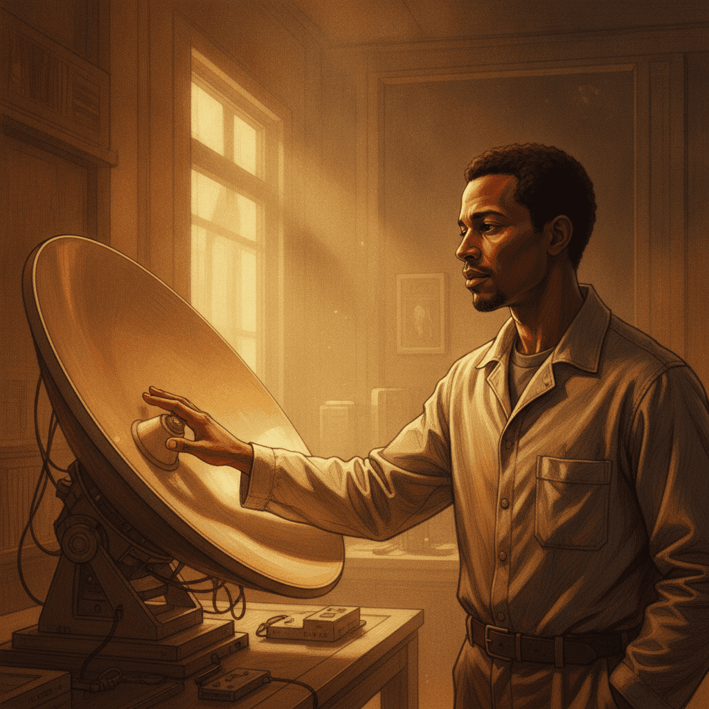 Cinematic hyperrealistic art: A scientist stands in a dimly lit, high-tech lab, one hand gently resting on a large, sleek pie