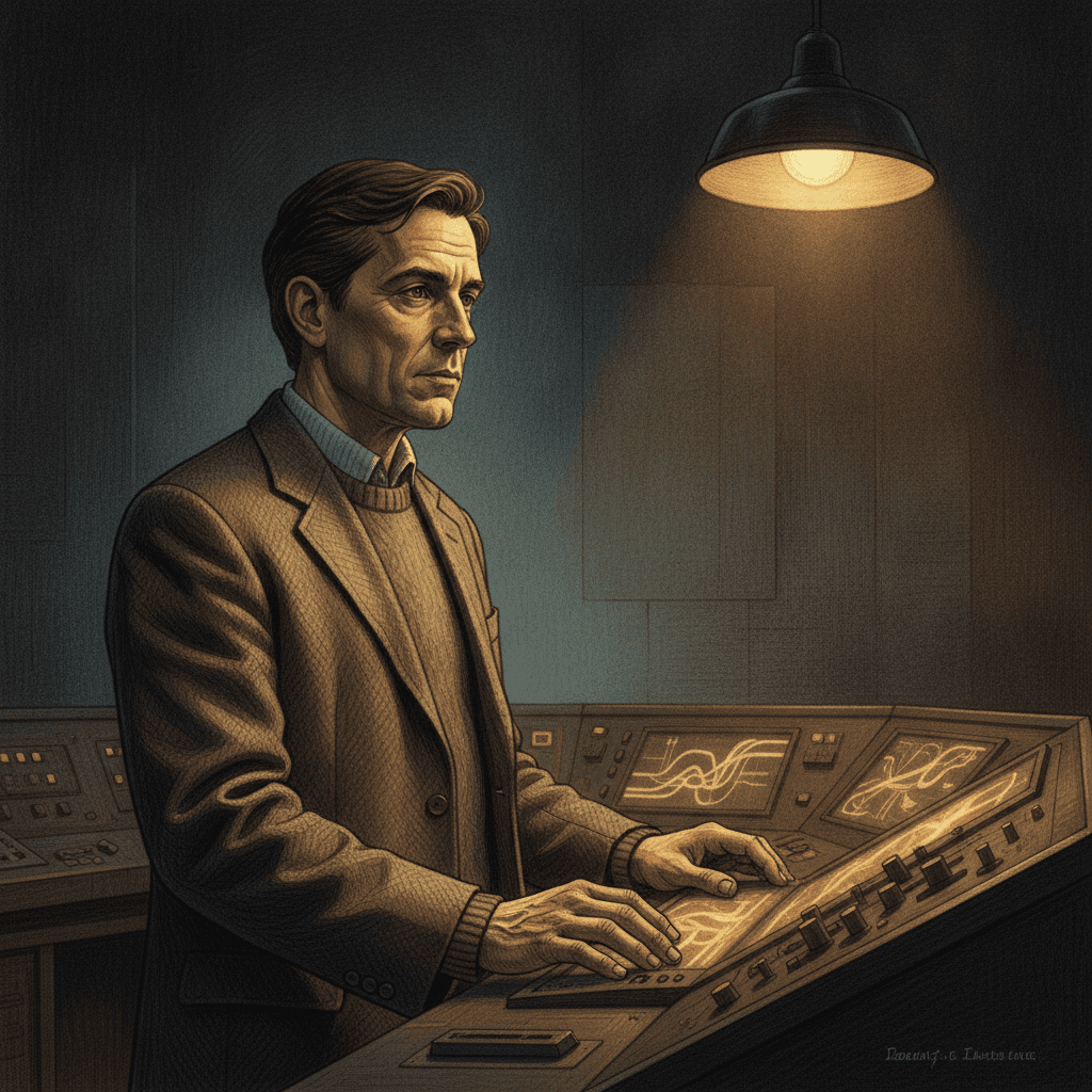 Cinematic hyperrealistic art: a lone figure, possibly a security analyst or scientist, standing in a dimly lit control room,