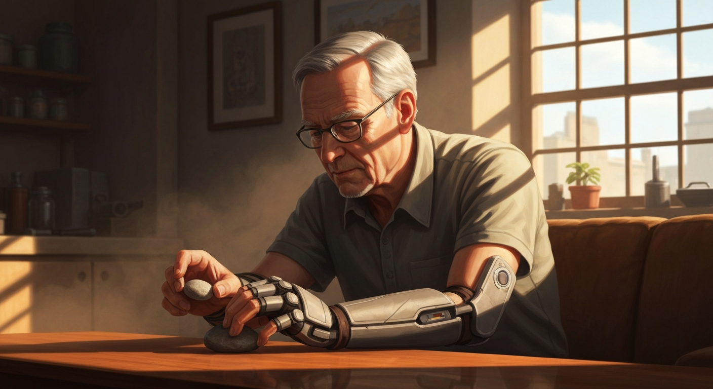 Cinematic hyperrealistic art: An older man, with a look of quiet concentration, wears a sleek, fabric-based soft exoskeleton