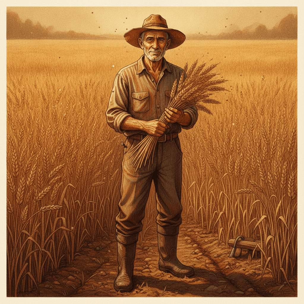 Cinematic hyperrealistic art: A farmer, weathered and wise, stands in a vast, amber-lit field at golden hour, holding a singl