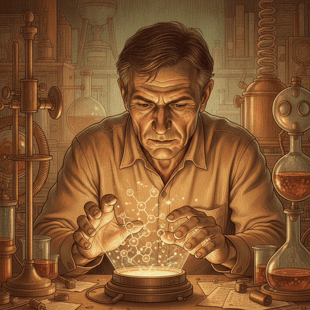 Cinematic hyperrealistic art: a scientist, focused and intent, examining a complex molecular model displayed on a holographic