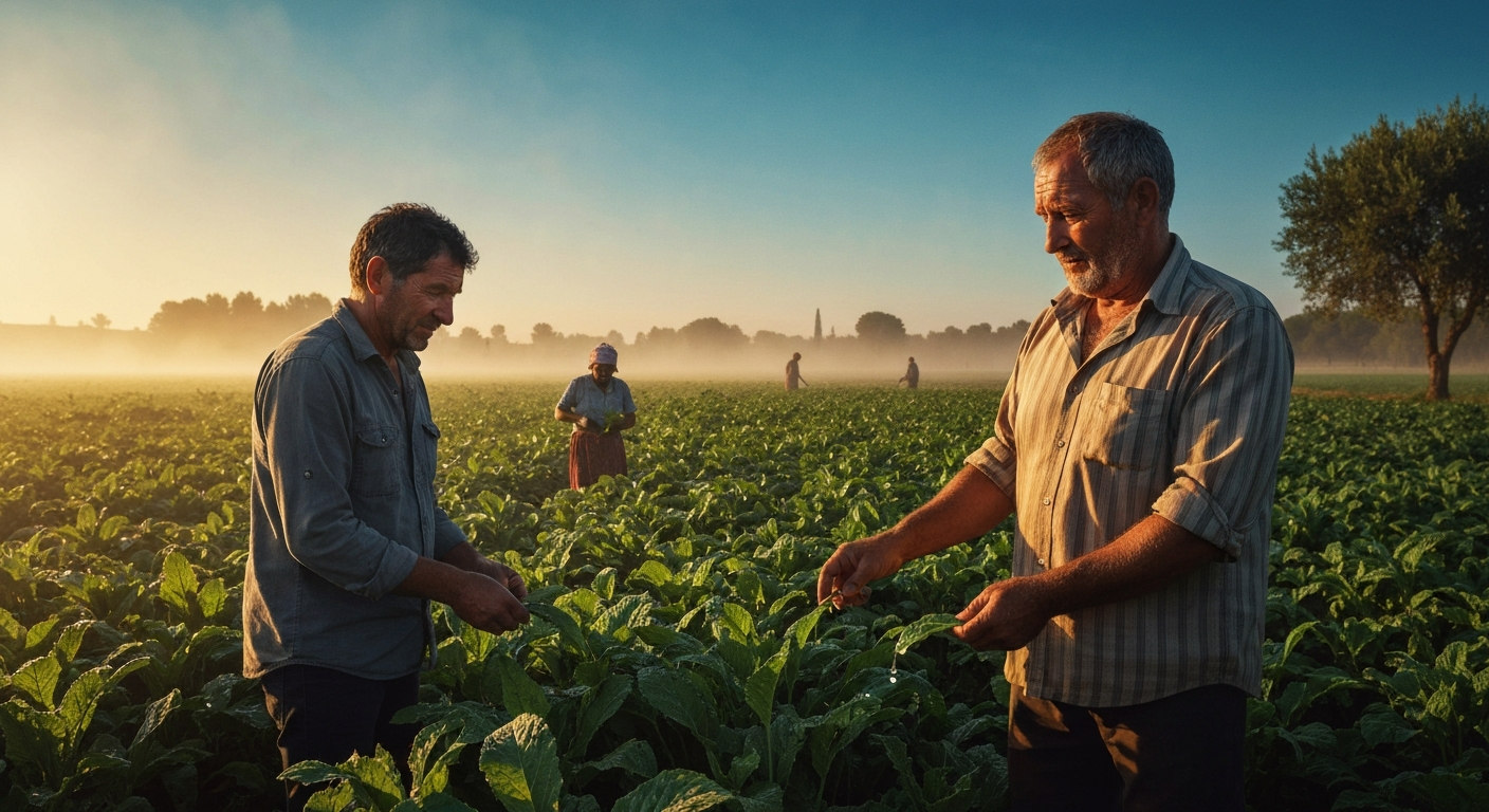 Cinematic hyperrealistic art: A seasoned farmer, face etched with experience, stands in a vast, lush green field at golden ho