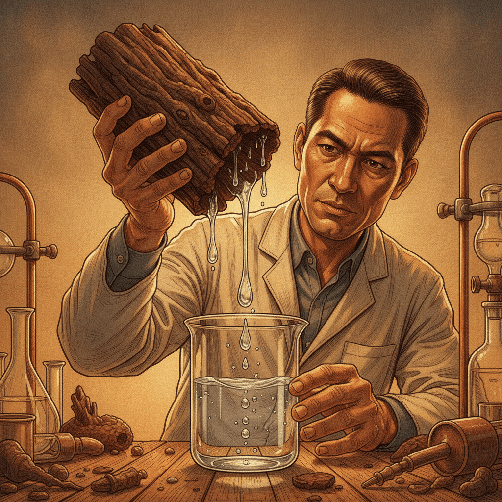 Cinematic hyperrealistic art: a scientist, focused and intense, holding a glowing, textured chunk of dark wood waste in one h