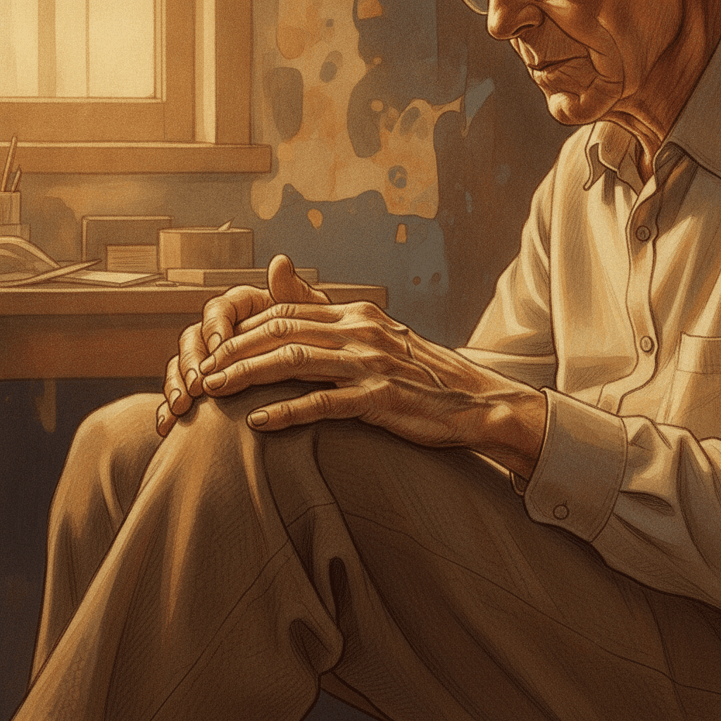 Cinematic hyperrealistic art: An older persons hands gently cupping a knee, fingers showing the subtle lines of age, lit by