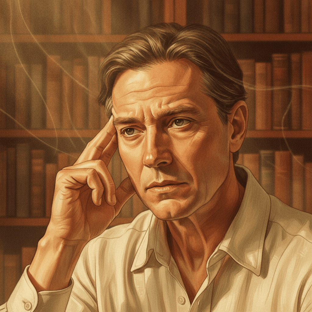 Cinematic hyperrealistic digital art of a person, mid-age, with a thoughtful, slightly concerned expression, gently touching