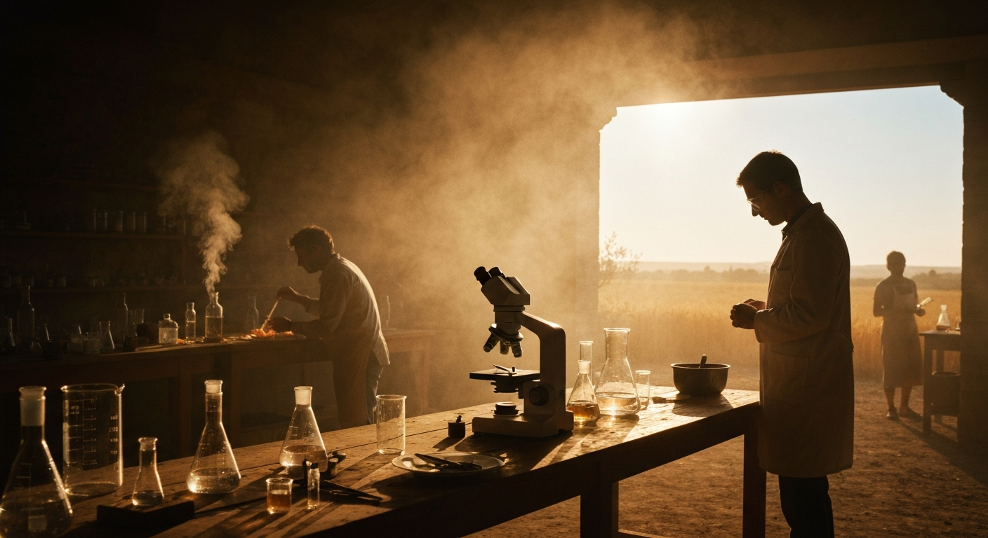 Cinematic hyperrealistic art: A lone scientist stands in a dimly lit laboratory, silhouetted against a softly glowing microsc