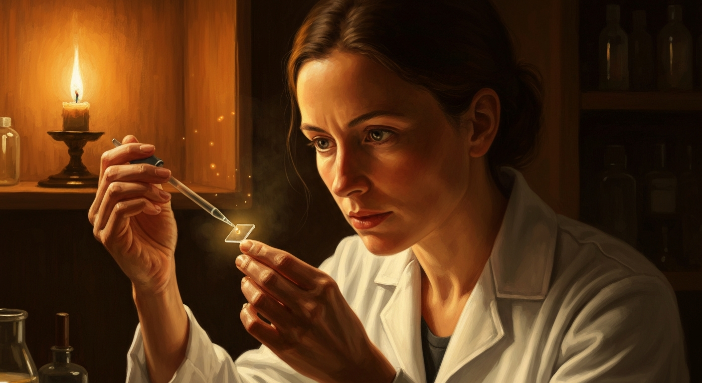 Cinematic hyperrealistic digital art: A focused, intense scientist, mid-30s, looking intently at a glowing microscopic slide