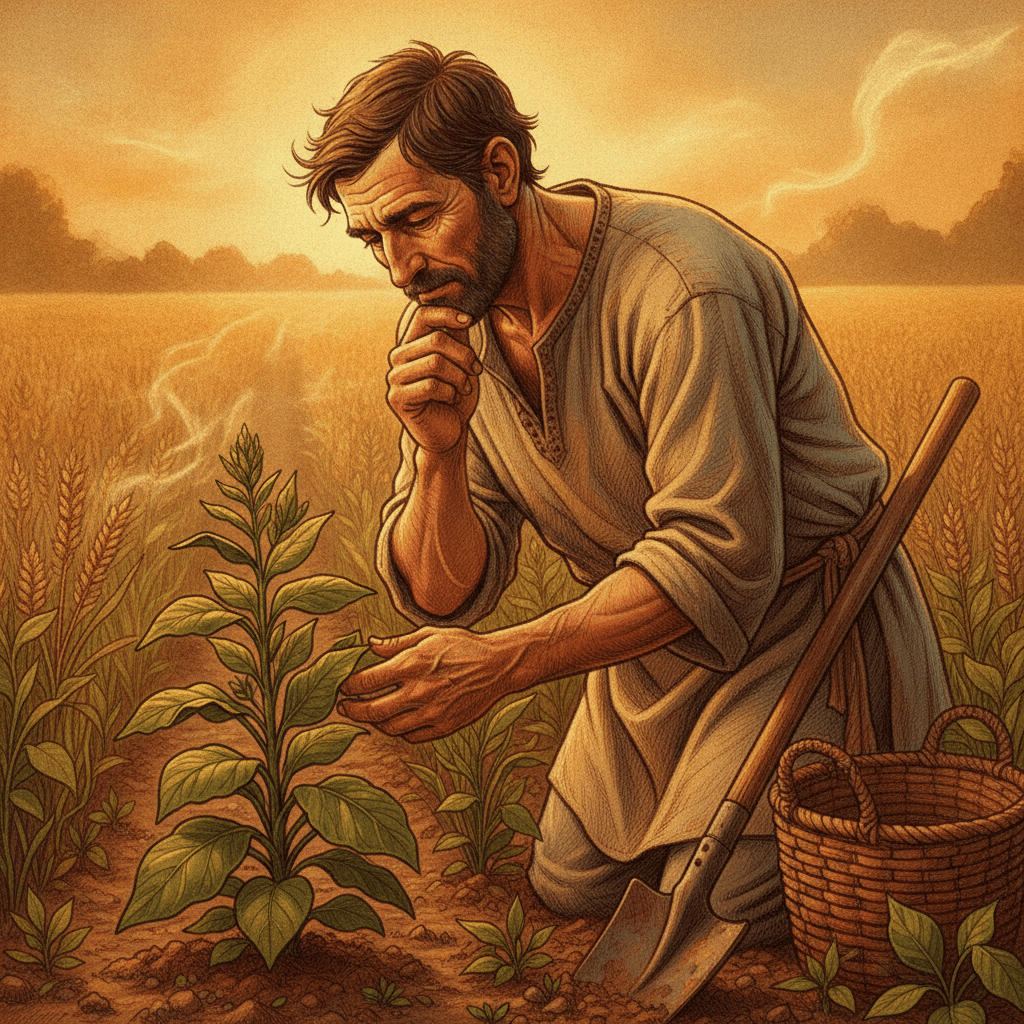 Cinematic hyperrealistic digital art: A seasoned farmer with weathered hands, illuminated by the warm, dramatic light of a go