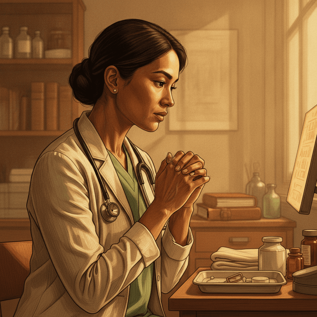 Cinematic hyperrealistic art: A thoughtful doctor in a warmly lit, slightly shadowed examination room, reviewing patient data