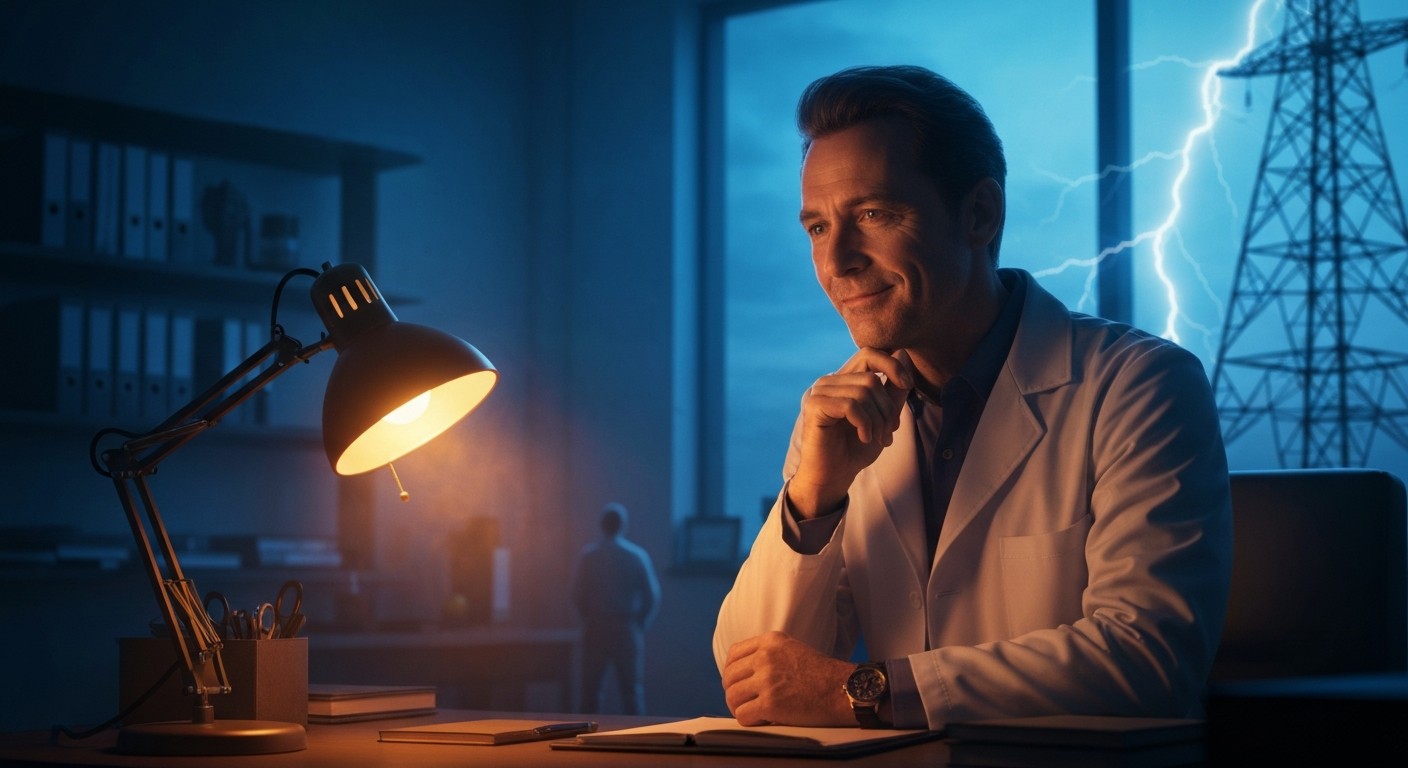 Cinematic hyperrealistic art: a thoughtful doctor in their late 40s, with a warm, empathetic expression, leaning slightly ove