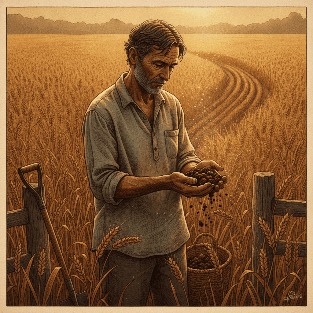 Cinematic hyperrealistic art: A farmer, weathered and wise, stands in a vast, amber-lit field at golden hour, a single shaft