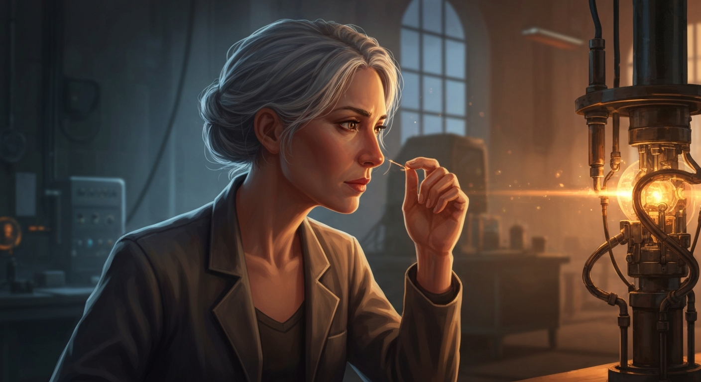 Cinematic hyperrealistic digital art: A thoughtful female scientist with wisps of grey hair, in a dark, rich, warmly lit labo