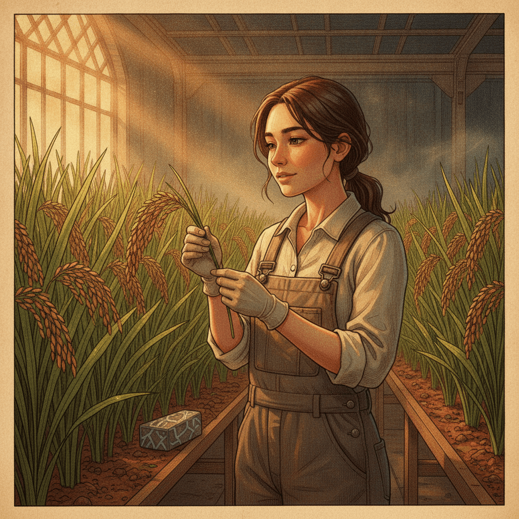 Cinematic hyperrealistic art: A thoughtful young rice scientist stands in a dimly lit, high-tech greenhouse filled with rows