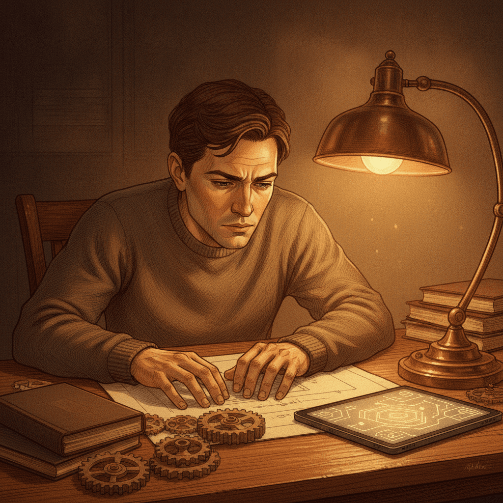 Cinematic hyperrealistic art: A person, mid-20s to 30s, leans forward slightly at a dimly lit desk, their face illuminated by